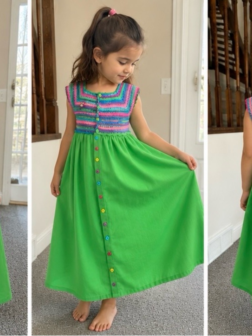 Handmade Girls Crochet & Green Fabric Dress – Approx. Ages 8–12 – One of a Kind